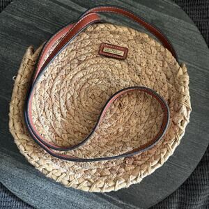 Round Rattan Purse Crossbody Brown Wicker Handwoven 9" Boho Cottagecore Bag